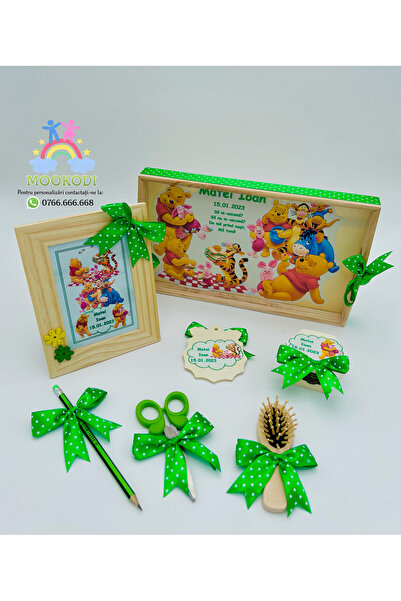 OEM Tăviță moț personalizată, 7 piese, "Winnie Pooh" verde cu buline