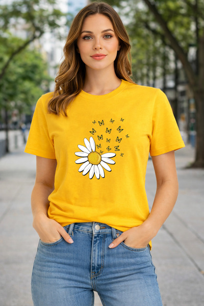 herkesemoda Basic T-Shirt with Daisy and Butterflies Print Detail