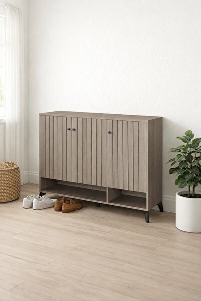 MARIA HOMES Modern Grey Shoe Cabinet 120cm with Vertical Slats, Open Shelf & ...