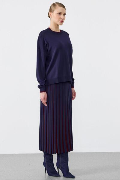 Tığ Triko Color block skirted blouse rayon set navy
