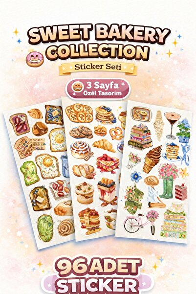 LABELOVE 96’lı Sweet Bakery Sticker Seti | Pasta, Waffle, Croissant Temalı De...