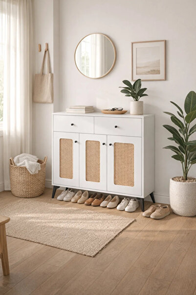 MARIA HOMES Modern White Rattan Shoe Cabinet with Drawers Stylish Entryway St...