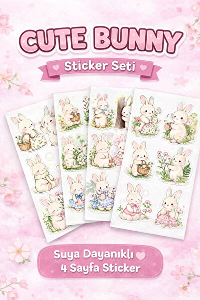 LABELOVE 4 Sayfa Cute Bunny Sticker | Suya Dayanıklı Tavşan Etiket Seti | Çoc...
