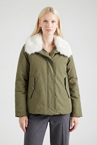Rays 60568 Fur Collar Hidden Zipper Coat Khaki