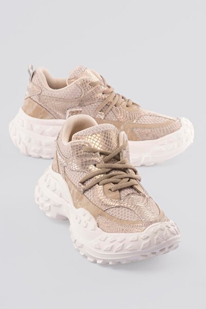 Mubiano Women's Sneaker Thick Sole Gold Snake Print Detailed Lace-Up Sports S...