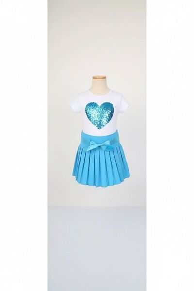 Bonnie Clyde Комплект за момичета със синя пола и бяла тениска с детайл в фор...