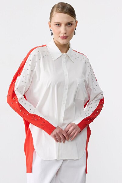 Tığ Triko Arkası Triko Kombinli Omuzları Taşlı Gömlek MERCAN