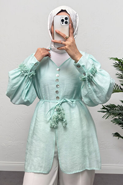 Salih Çelebi Floral Accessory Shirt 0064 - Mint Green