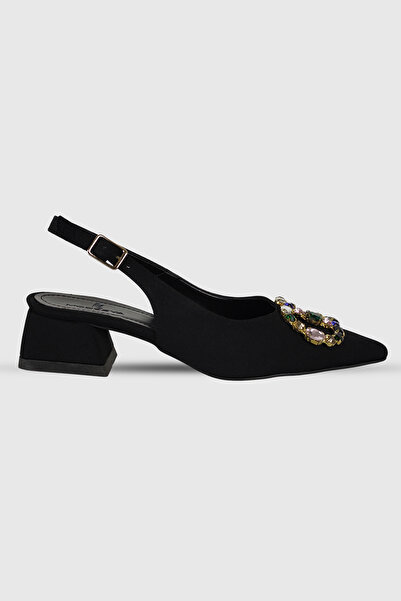 Modezya حذاء أليسيا نسائي بكعب عالٍ من الساتان الأسود مع تفاصيل مشبك حجري ومق...