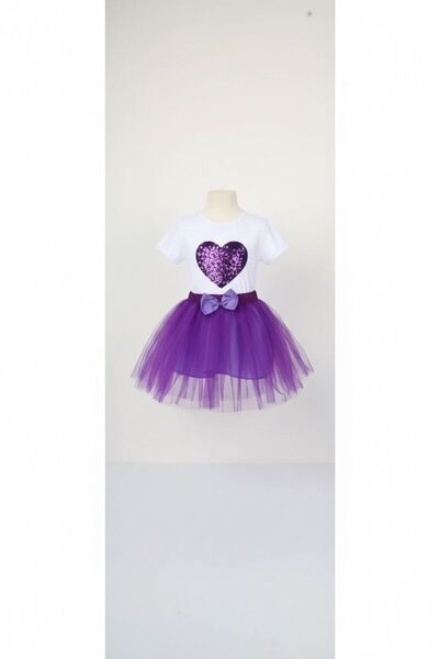 Bonnie Clyde Момичешки костюм с лилава тюлена пола и тениска с детайли в сърц...