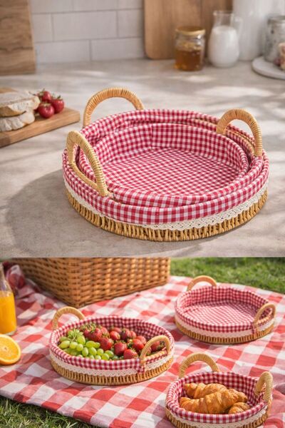 NEWNOW Viena Tray Set 3-Piece Wicker Presentation Tray Round Tray with Cloth ...