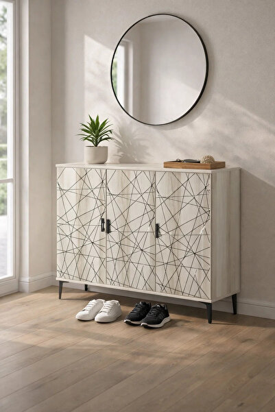 MARIA HOMES Stylish Geometric Shoe Cabinet 3 Door White Oak Finish with Black...