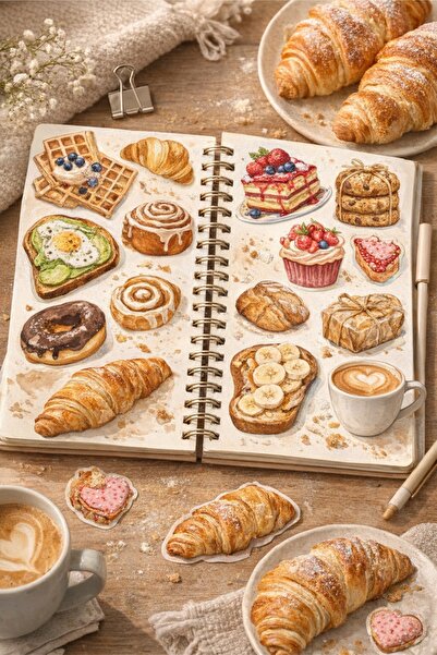 LABELOVE 96’lı Sweet Bakery Sticker Seti | Pasta, Waffle, Croissant Temalı Dekoratif Etiket