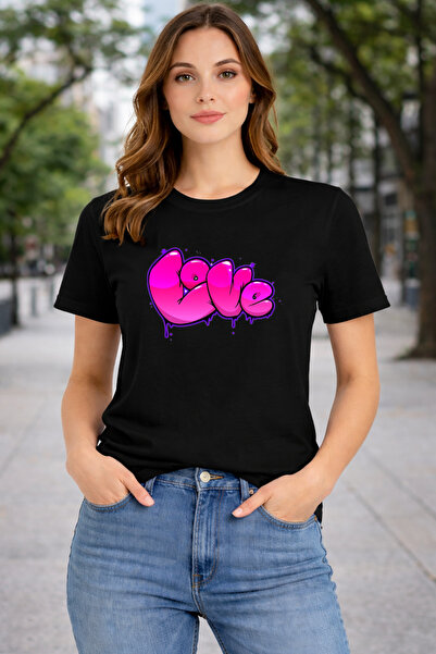 herkesemoda Basic T-Shirt with Love Print Detail