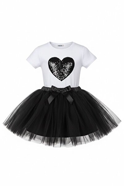 Zeta Group Fustă neagră pentru fete, cu detaliu inimă neagră, set costum - Ne...