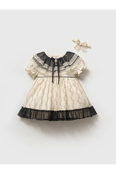 Momercy Kız Bebek Vintage Broş Detaylı Fırfırlı Yaka Elbise
