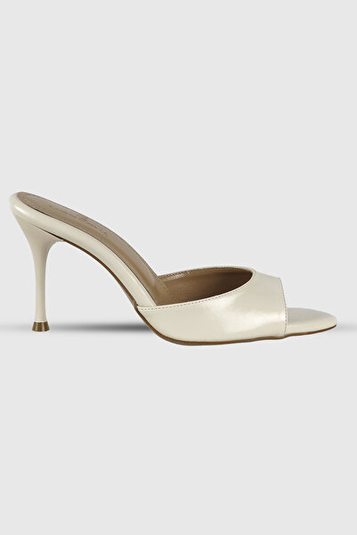 Modezya Gloria beige matte single strap women's heeled slippers