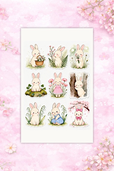 LABELOVE 4 Sayfa Cute Bunny Sticker | Suya Dayanıklı Tavşan Etiket Seti | Çocuk & Planner Sticker