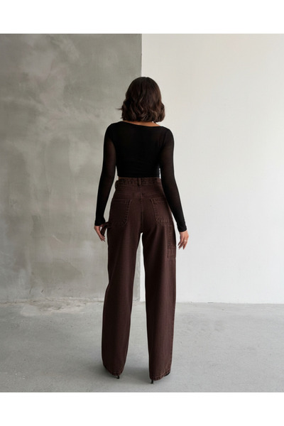 KENE JEANS High Waist Brown Stone Washed Belt Buckle Cargo Pocket /Baggy Wide-Leg Jeans