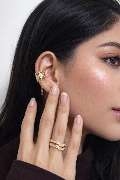 Ascera Zirkon Taşlı 316L Altın Renk Çelik Takı Seti – X Form Yüzük ve Kıkırda...