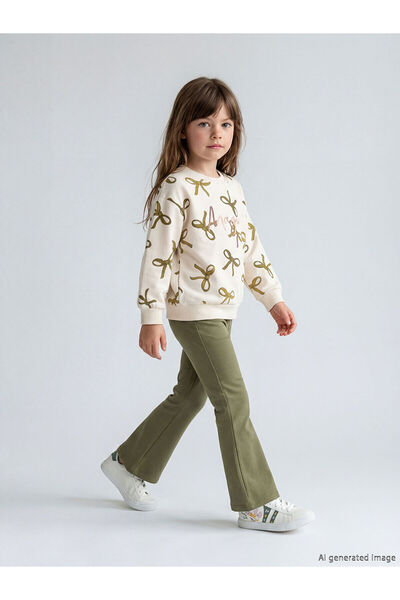 LC Waikiki Ecru Bow Patterned Girls' Sweatshirt and Leggings Pants