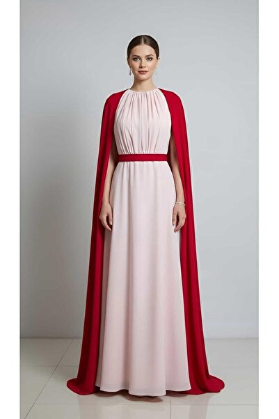 ATHMAN Long evening dress with a royal cape design – beige color with a red c...