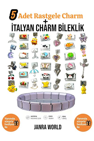JANRA WORLD 5 Adet Rastgele Charm + İtalyan Charm Bileklik Seti | Sürpriz Hed...