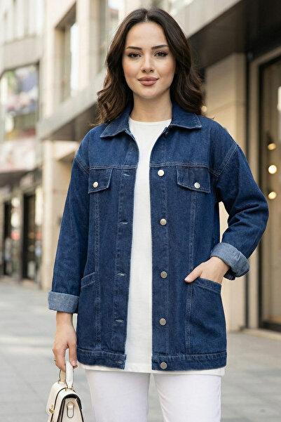 Hb Harma Time Butik Women's Pocket Detailed Denim Navy Blue Jeans Jacket