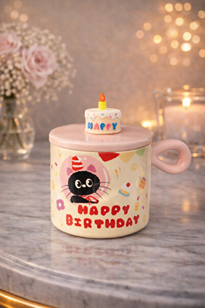 matheon Birthday Themed Mug with Cat Figure and Lid – Coffee & Gift Mug