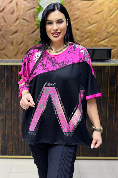 GÖKSEL FUŞYA VARAKLI BÜYÜK BEDEN BLUZ