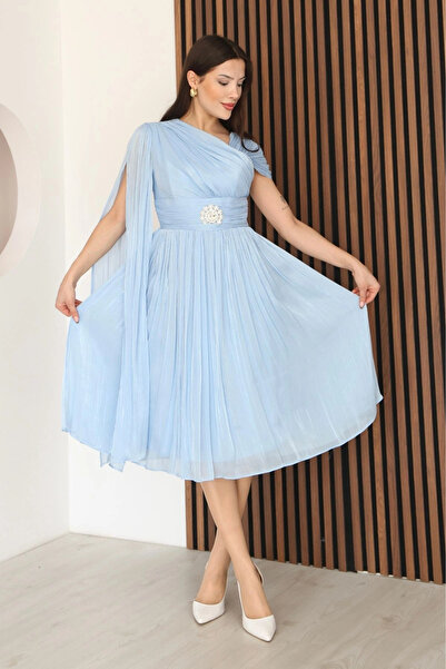 lodmela Ασύμμετρο Φόρεμα με Γιακά λεπτομέρεια με σούρες Cape Midi Βραδινό Φόρ...