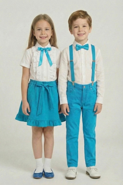 FATELLA 2-Piece Girl's Turquoise Ruffle Shirt Boy's Turquoise Suit 23 April 2...