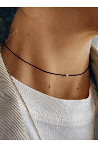 TakıConcept Minimal Kristal Detaylı Siyah İp Choker Kolye