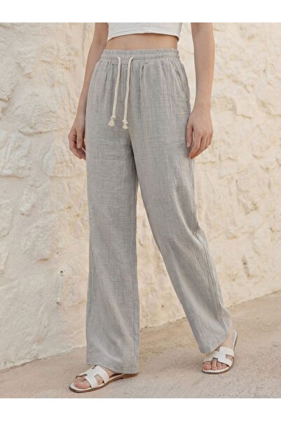 Quanlex Γυναικείο παντελόνι από λινό μουσελίνα σε γκρι χρώμα Palazzo με φαρδι...