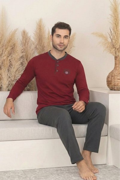 Farya Home Dreamy Pamuklu Cepli Düğmeli Yaka Uzun Kollu Örme Erkek Pijama Takımı