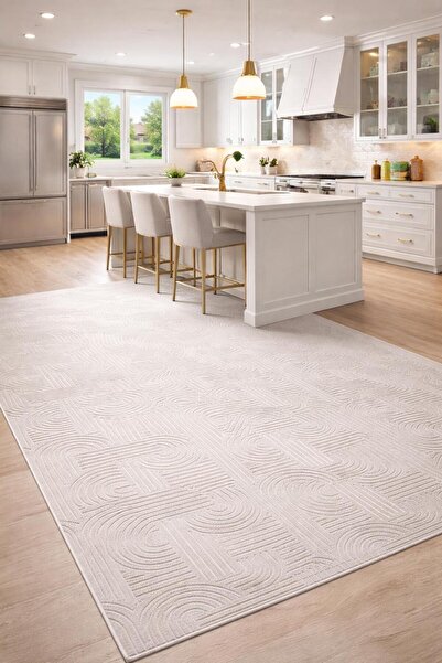 BESELY Krem Bohem Emboss Kabartma Oyma Desenli Premium Modern Kaymaz Taban Yı...