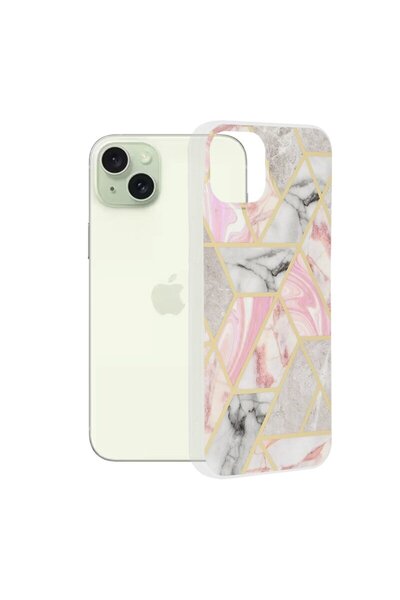Techsuit Θήκη iPhone 15 Plus Marble, ροζ εξαγωνική