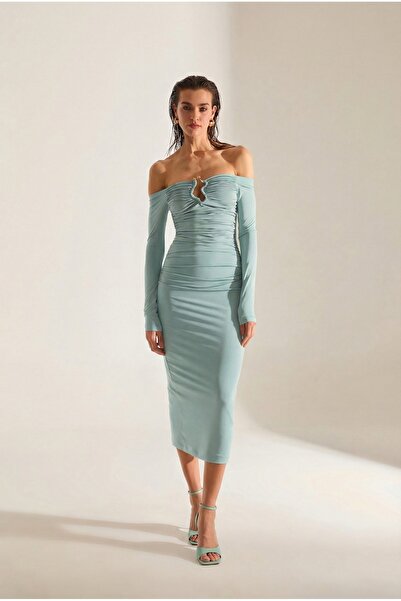 BETTY & SAM Mathilda Düşük Omuz Su Yeşili Midi Elbise