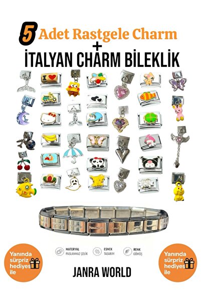 JANRA WORLD 5 Adet Rastgele Charm + İtalyan Charm Bileklik Seti | Sürpriz Hed...