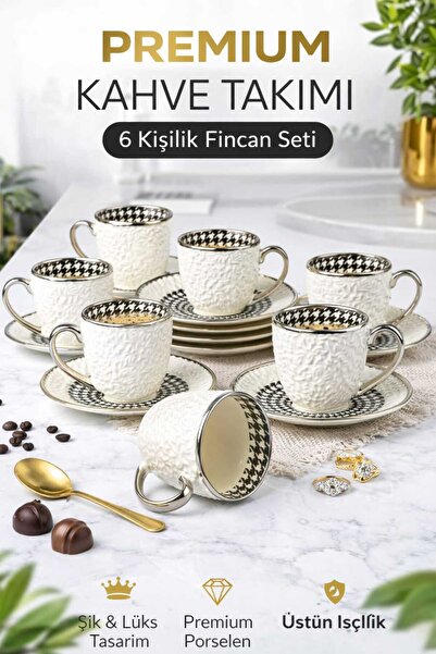 Ogeda Home Kosova Gümüş Detaylı 6 Kişilik Kahve Fincanı Takımı–Kazayağı Desen...