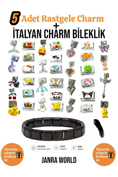 JANRA WORLD 5 Adet Rastgele Charm + İtalyan Charm Bileklik Seti | Sürpriz Hed...