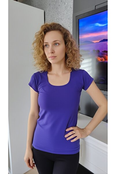 moda felinya Women's Short Sleeves Square Neck Blueish Purple Color Body