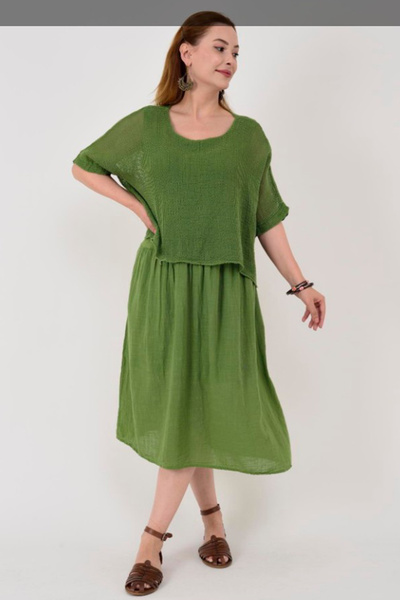 AYASOFYA OTANTIK Women's Italian Oil Green Plain Pattern Mesh 100% Cotton Lin...