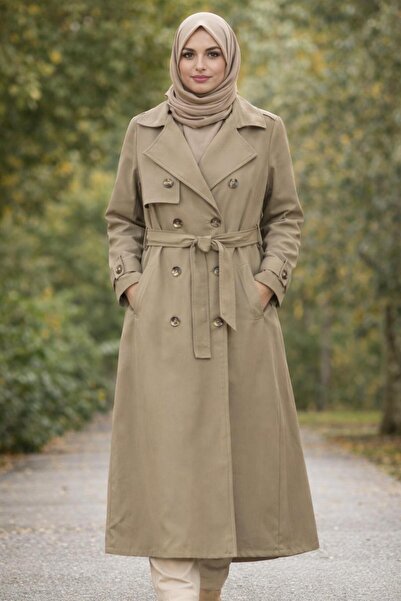 E&S BUTİK Belden Bağlamalı Kruvaze Uzun Boy Trençkot