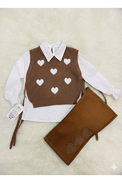 Veka Kız çocuk taş detaylı örme süveter pantolon takım