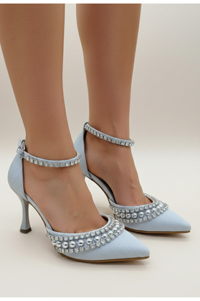 ŞAH Silver Satin Pearl Stone Embellished 7cm Evening Dress Shoes