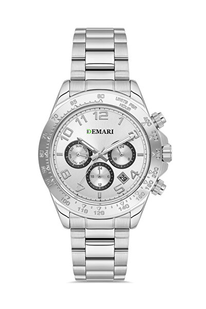 DEMARİ Men's Wristwatch Quartz Multifunction Silver Steel Band Silver Dial Ta...