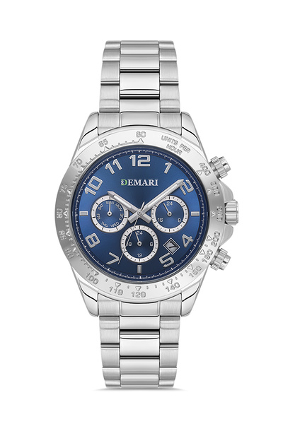 DEMARİ Men's Wristwatch Quartz Multifunction Silver Steel Band Blue Dial Tach...