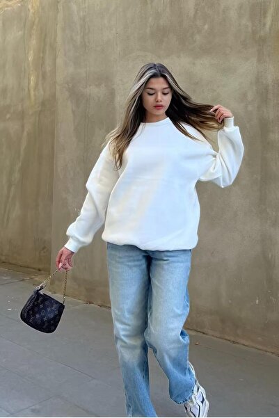 BOHEM Basic Bisiklet Yaka Oversize Sweatshirt - Beyaz
