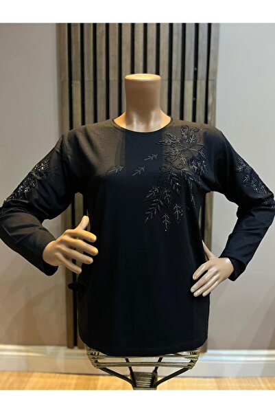 AKMAVİ Women's Middle Age and Above Viscose Floral Pattern Stone Embroidered ...